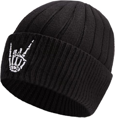Embroidered Beanie Winter Hats for Men Women, Warm Cuffed Knit Hat Black Skull Cap in Saudi Arabia
