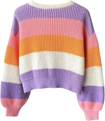 Girl's Color Block Striped Knitwear Tops Long Sleeve Crew Neck Cute Sweater in Saudi Arabia