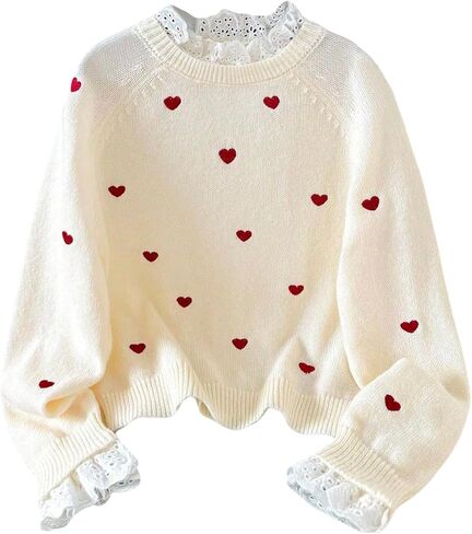 SHENHE Girl's Crewneck Sweater Pullover Heart Embroidered Lace Eyelet Ruffle Knit Sweater in Saudi Arabia