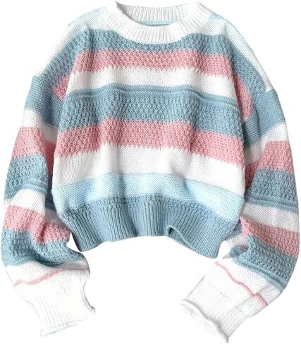 MakeMeChic Girl's Striped Color Block Sweater Crew Neck Long Sleeve Knit Cute Pullover Crop Tops in Saudi Arabia