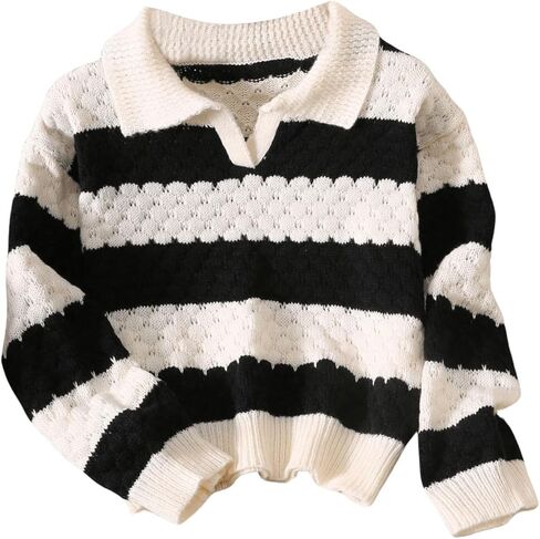 OYOANGLE Girl's Striped Crochet Sweater Long Sleeve Collared Pullover Sweaters Drop Shoulder Knit Tops in Saudi Arabia