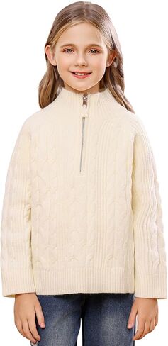 Girls Sweaters Thick Warm Girls Pullover Sweater Long Sleeve Stand Collar Knitted Sweater with Half Zipper 5-15 Years in Saudi Arabia
