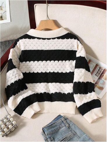 OYOANGLE Girl's Striped Crochet Sweater Long Sleeve Collared Pullover Sweaters Drop Shoulder Knit Tops in Saudi Arabia