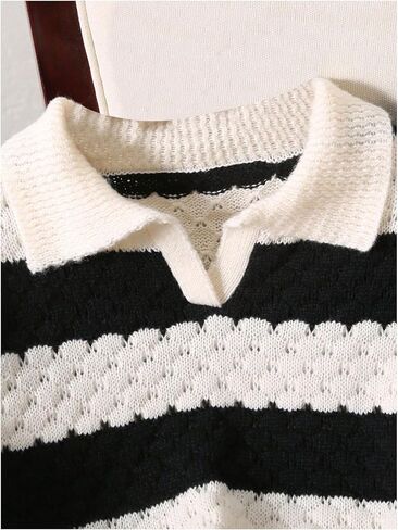OYOANGLE Girl's Striped Crochet Sweater Long Sleeve Collared Pullover Sweaters Drop Shoulder Knit Tops in Saudi Arabia