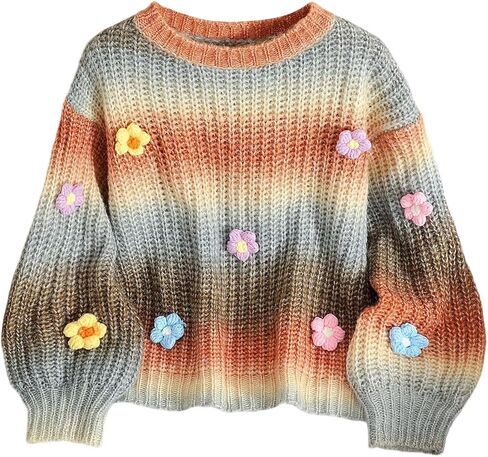 MakeMeChic Girl's 3D Floral Crew Neck Sweater Long Sleeve Colorful Fall Cute Pullovers in Saudi Arabia