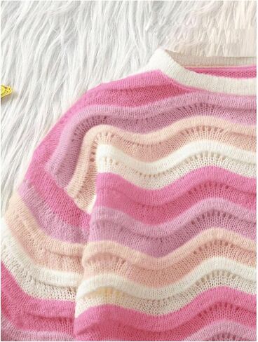 Girl's Rainbow Striped Sweater Long Sleeve Crewneck Pullover Jumper Tops Fall Winter Knitwear in Saudi Arabia