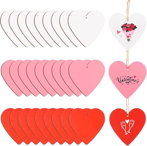 36 Pieces Valentine's Day Wood Heart Cutouts Blank Heart Shaped Unfinished Wooden Ornaments Red Wood Hearts Cutouts with Hole Strings for Wedding DIY Art Craft Party Decoration,3.3 x 3.5 inch in Kuwait