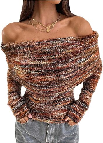 MakeMeChic Women's Striped Sweater Off The Shoulder Long Sleeve Tops Y2k Fuzzy Going Out Tops in Saudi Arabia