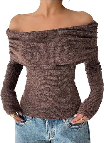 MakeMeChic Women's Striped Sweater Off The Shoulder Long Sleeve Tops Y2k Fuzzy Going Out Tops in Saudi Arabia