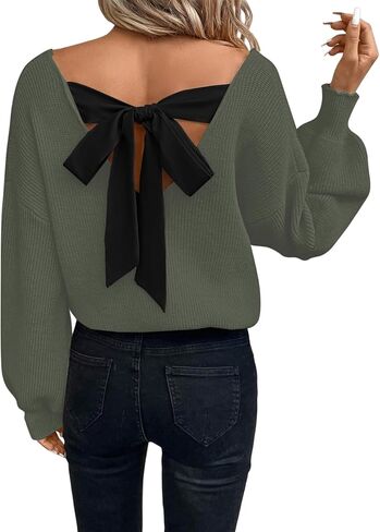 Womens Bow Back Sweater Sexy Off The Shoulder Pullover Sweaters Casual Long Sleeve V Neck Loose Fit Knit Tops in Saudi Arabia