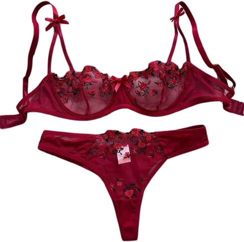 Women's Sexy Floral Embroidery Lace Mesh Unlined Bra & Panty Set - Sexy Lingerie Underwear with Strap Details in Saudi Arabia