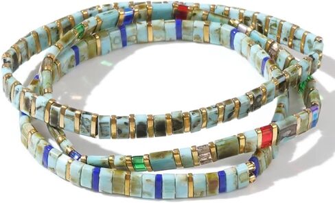Tila Flat Beaded Bracelets for Women Bohemian Colorful Stretch Square Glass Bead Bracelet Stack Elastic Layering Stackable Handmade Boho Trendy Holiday Jewelry Accessories Friendship Gift in Saudi Arabia