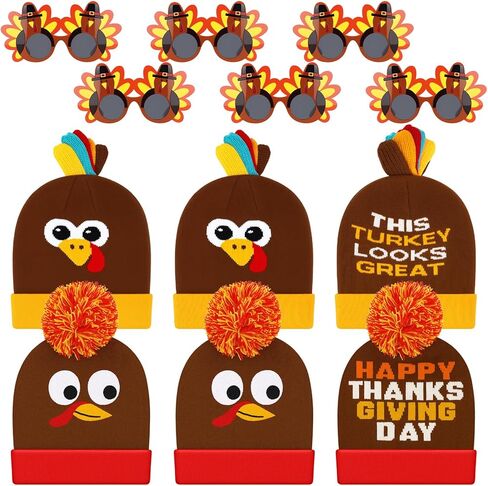 12 Pcs Thanksgiving Turkey Pom Pom Beanie Hat with Funny Turkey Sunglasses, Adults Thanksgiving Role Play Knitted Cap for Men Women Running Holiday Party Favors in Saudi Arabia