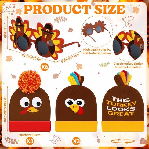 12 Pcs Thanksgiving Turkey Pom Pom Beanie Hat with Funny Turkey Sunglasses, Adults Thanksgiving Role Play Knitted Cap for Men Women Running Holiday Party Favors in Saudi Arabia