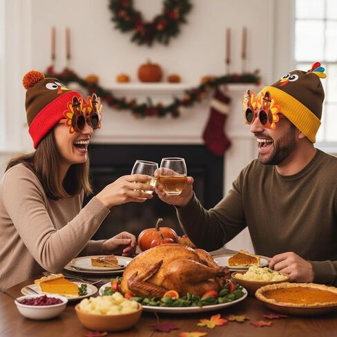 12 Pcs Thanksgiving Turkey Pom Pom Beanie Hat with Funny Turkey Sunglasses, Adults Thanksgiving Role Play Knitted Cap for Men Women Running Holiday Party Favors in Saudi Arabia