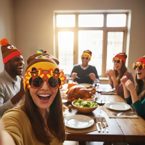 12 Pcs Thanksgiving Turkey Pom Pom Beanie Hat with Funny Turkey Sunglasses, Adults Thanksgiving Role Play Knitted Cap for Men Women Running Holiday Party Favors in Saudi Arabia
