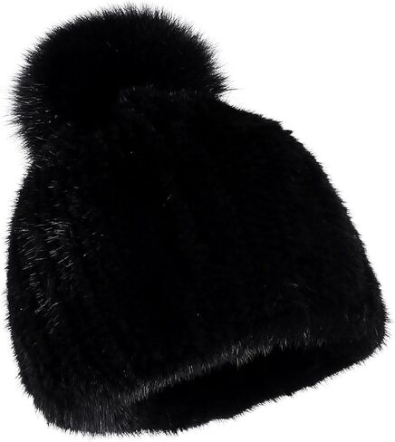 Women's Winter Genuine Mink Fur Knit Beanie Hat with Fox Fur Pom Stretch Warm Cap in Saudi Arabia