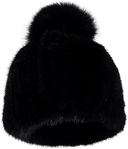Women's Winter Genuine Mink Fur Knit Beanie Hat with Fox Fur Pom Stretch Warm Cap in Saudi Arabia