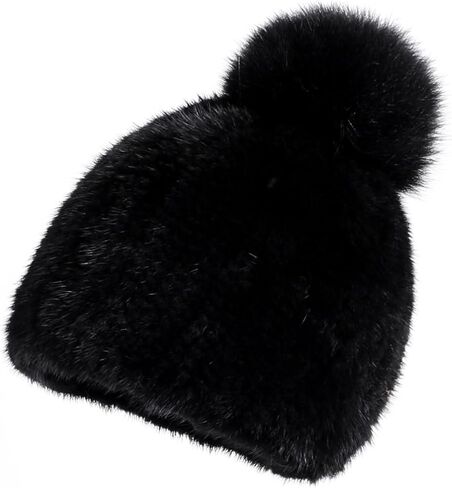 Women's Winter Genuine Mink Fur Knit Beanie Hat with Fox Fur Pom Stretch Warm Cap in Saudi Arabia