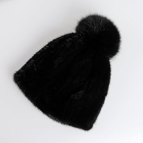 Women's Winter Genuine Mink Fur Knit Beanie Hat with Fox Fur Pom Stretch Warm Cap in Saudi Arabia