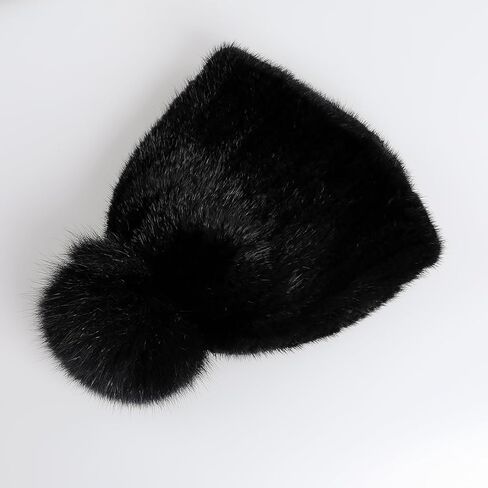 Women's Winter Genuine Mink Fur Knit Beanie Hat with Fox Fur Pom Stretch Warm Cap in Saudi Arabia