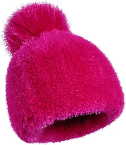 Women's Winter Genuine Mink Fur Knit Beanie Hat with Fox Fur Pom Stretch Warm Cap in Saudi Arabia