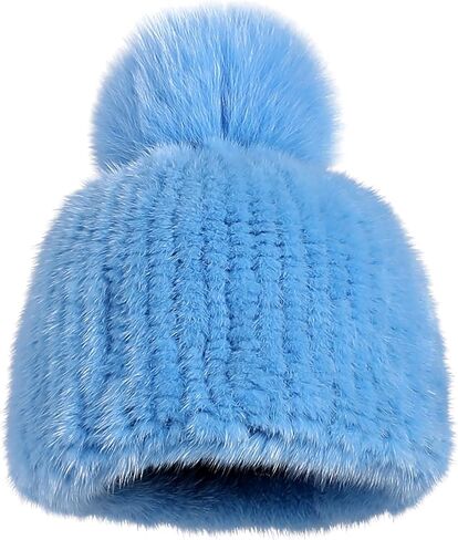 Women's Winter Genuine Mink Fur Knit Beanie Hat with Fox Fur Pom Stretch Warm Cap in Saudi Arabia