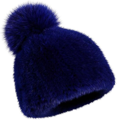 Women's Winter Genuine Mink Fur Knit Beanie Hat with Fox Fur Pom Stretch Warm Cap in Saudi Arabia
