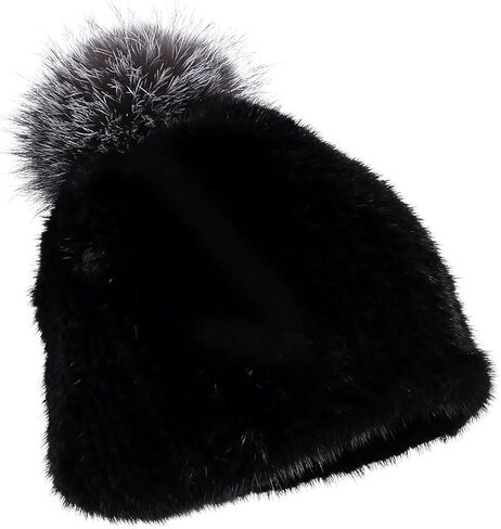 Women's Winter Genuine Mink Fur Knit Beanie Hat with Fox Fur Pom Stretch Warm Cap in Saudi Arabia
