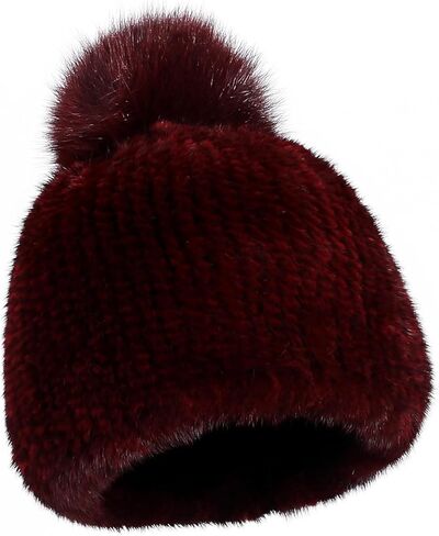 Women's Winter Genuine Mink Fur Knit Beanie Hat with Fox Fur Pom Stretch Warm Cap in Saudi Arabia
