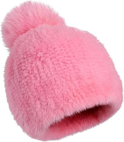 Women's Winter Genuine Mink Fur Knit Beanie Hat with Fox Fur Pom Stretch Warm Cap in Saudi Arabia