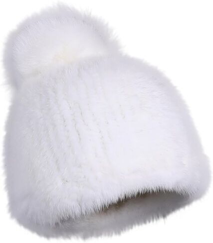 Women's Winter Genuine Mink Fur Knit Beanie Hat with Fox Fur Pom Stretch Warm Cap in Saudi Arabia