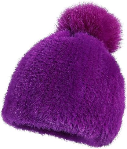 Women's Winter Genuine Mink Fur Knit Beanie Hat with Fox Fur Pom Stretch Warm Cap in Saudi Arabia