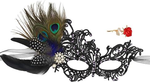 Lace Masquerade Mask for Women Feather Venetian Mask with Brooch for Masquerade Ball Halloween Party in Saudi Arabia