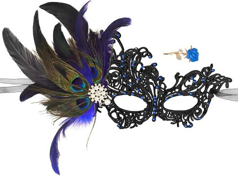 Lace Masquerade Mask for Women Feather Venetian Mask with Brooch for Masquerade Ball Halloween Party in Saudi Arabia