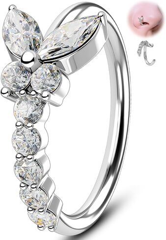 Melighting 20G Butterfly Nose Ring Hoop 8 mm Open Seamless Nose Piercing Jewelry Surgical Steel 316L, Twist Nostril Ring with Marquise and Round CZ, Silver Flower Body Piercing for Women in Saudi Arabia