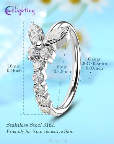 Melighting 20G Butterfly Nose Ring Hoop 8 mm Open Seamless Nose Piercing Jewelry Surgical Steel 316L, Twist Nostril Ring with Marquise and Round CZ, Silver Flower Body Piercing for Women in Saudi Arabia