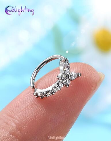 Melighting 20G Butterfly Nose Ring Hoop 8 mm Open Seamless Nose Piercing Jewelry Surgical Steel 316L, Twist Nostril Ring with Marquise and Round CZ, Silver Flower Body Piercing for Women in Saudi Arabia