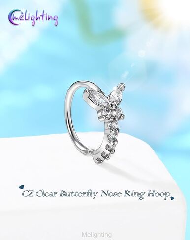Melighting 20G Butterfly Nose Ring Hoop 8 mm Open Seamless Nose Piercing Jewelry Surgical Steel 316L, Twist Nostril Ring with Marquise and Round CZ, Silver Flower Body Piercing for Women in Saudi Arabia