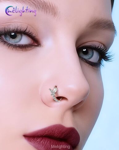 Melighting 20G Butterfly Nose Ring Hoop 8 mm Open Seamless Nose Piercing Jewelry Surgical Steel 316L, Twist Nostril Ring with Marquise and Round CZ, Silver Flower Body Piercing for Women in Saudi Arabia