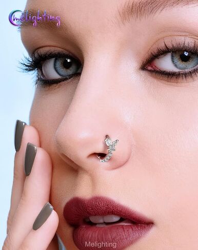 Melighting 20G Butterfly Nose Ring Hoop 8 mm Open Seamless Nose Piercing Jewelry Surgical Steel 316L, Twist Nostril Ring with Marquise and Round CZ, Silver Flower Body Piercing for Women in Saudi Arabia