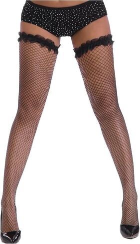OYOANGLE Women's Ruffle Trim Hollow Out Fishnet Mesh Tights See Through Sheer Stockings in Saudi Arabia