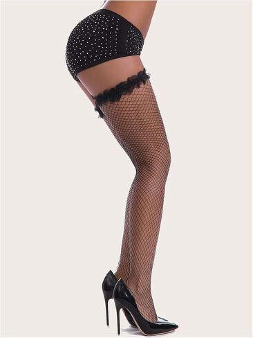 OYOANGLE Women's Ruffle Trim Hollow Out Fishnet Mesh Tights See Through Sheer Stockings in Saudi Arabia