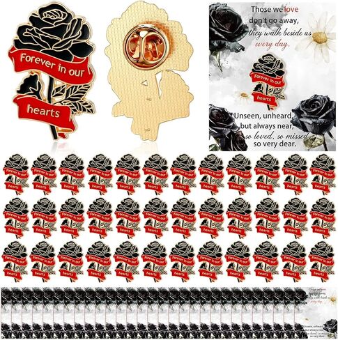 130 Pcs Funeral Favors for Guest Memorial Rose Pin Rose Enamel Lapel Pins with Memorial Cards Celebration of Life Gifts in Kuwait