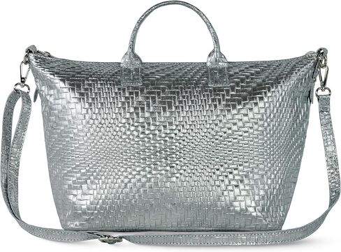 Italian Genuine Metallic Suede Tote Bag for Women with Adjustable Strap & Zip Top | Everyday Woven-Texture Purse in Saudi Arabia