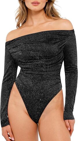 Popilush Sparkly Tops for Women Long Sleeve Bodysuit Off The Shoulder Tops Tummy Control Shapewear in Saudi Arabia