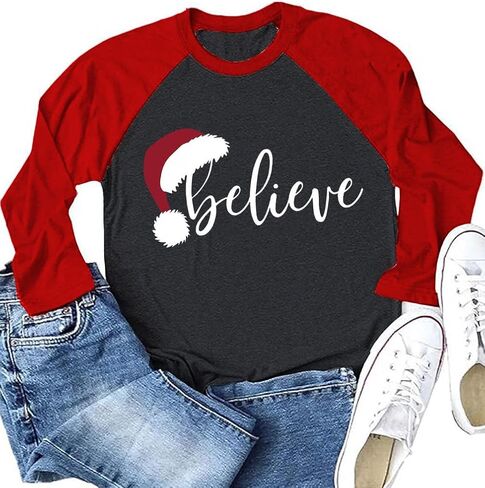 قميص عيد الميلاد للنساء راجلان كم طويل Merry Believe Tree قمصان مهرجانات جرافيك للإجازات، قمصان عصرية in Kuwait