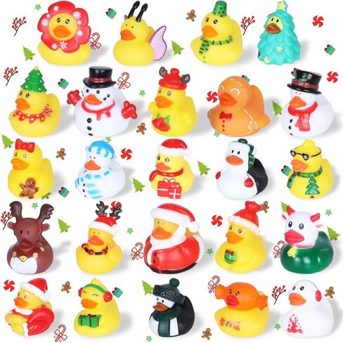 24Pcs Christmas Rubber Ducks in Bulk,Rubber Ducks for Jeeper Ducking,Jeeper Ducks with 24 Cards Tags+24 Cotton Ropes for Ducking,Ducks Ornaments for Christmas Tree in Saudi Arabia