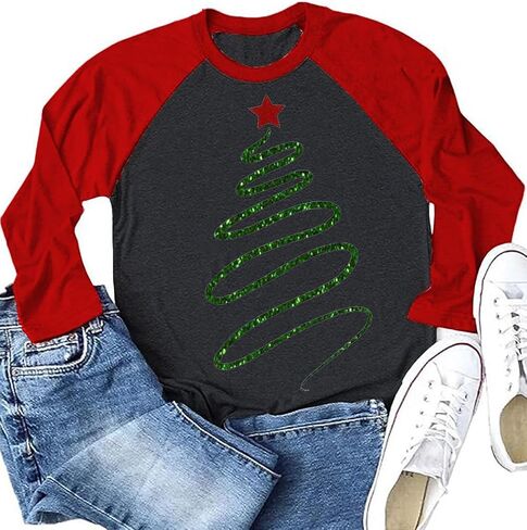 قميص عيد الميلاد للنساء راجلان كم طويل Merry Believe Tree قمصان مهرجانات جرافيك للإجازات، قمصان عصرية in Kuwait