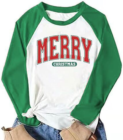 قميص عيد الميلاد للنساء راجلان كم طويل Merry Believe Tree قمصان مهرجانات جرافيك للإجازات، قمصان عصرية in Kuwait